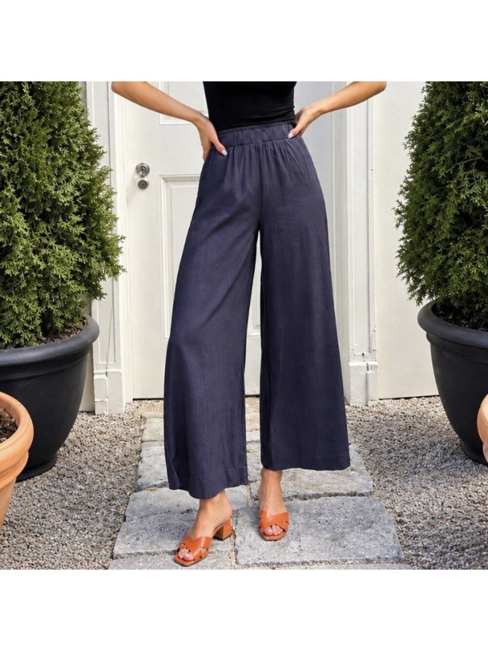 Emerson Fry India Collection Navy Blue Wide Leg Pull-On Pants Modal Size Medium